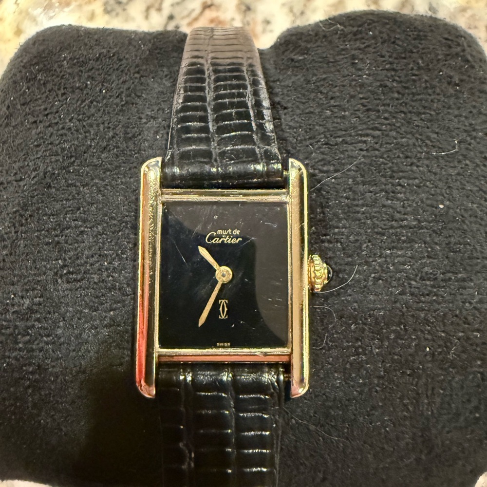 Cartier Tank Style With Black Dial, Solid Sterling Silver Plated in 18k Gold - Picture 12 of 16